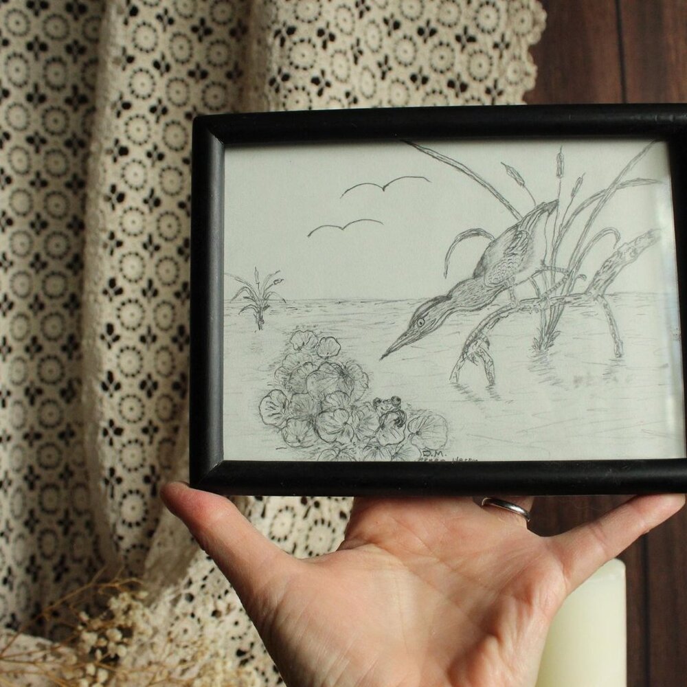 Vintage 1990s 2000s Framed Print, Pencil Sketch of Heron and Frog, Black Frame - Picture 14 of 14